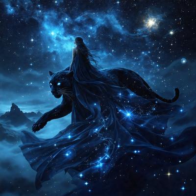 Primary subject: A woman riding a black cat.

Setting/background: The woman and the cat are flying through the night sky, surrounded by stars.

Visual style: The image is a digital artwork.

Colors and mood: The image is in blue and purple tones, creating a serene and magical atmosphere.
